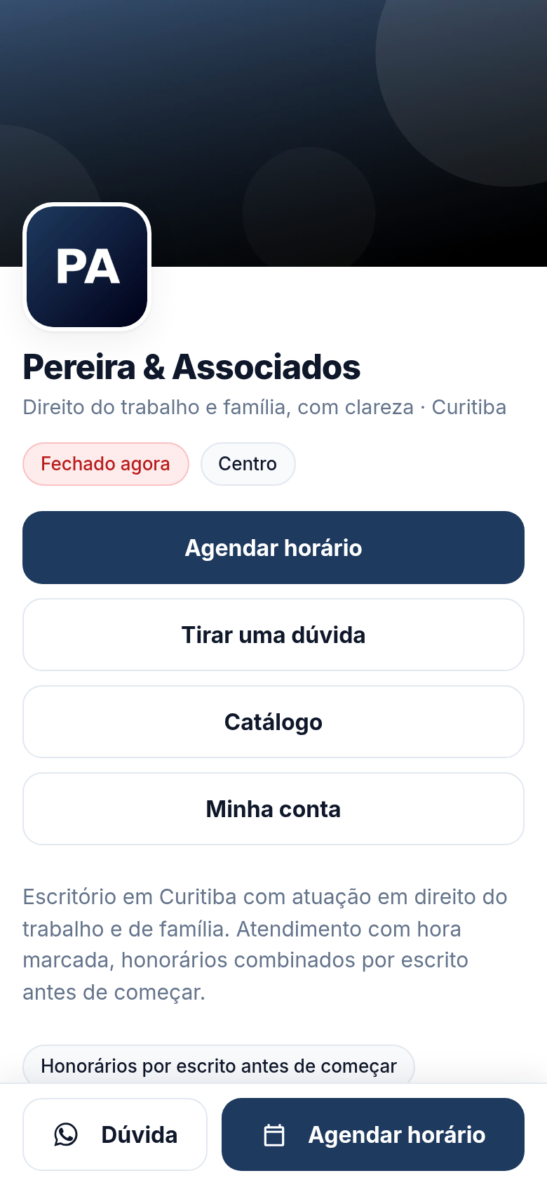 Página pública do negócio