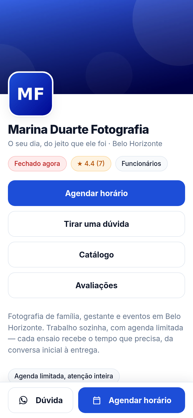 Página pública do negócio