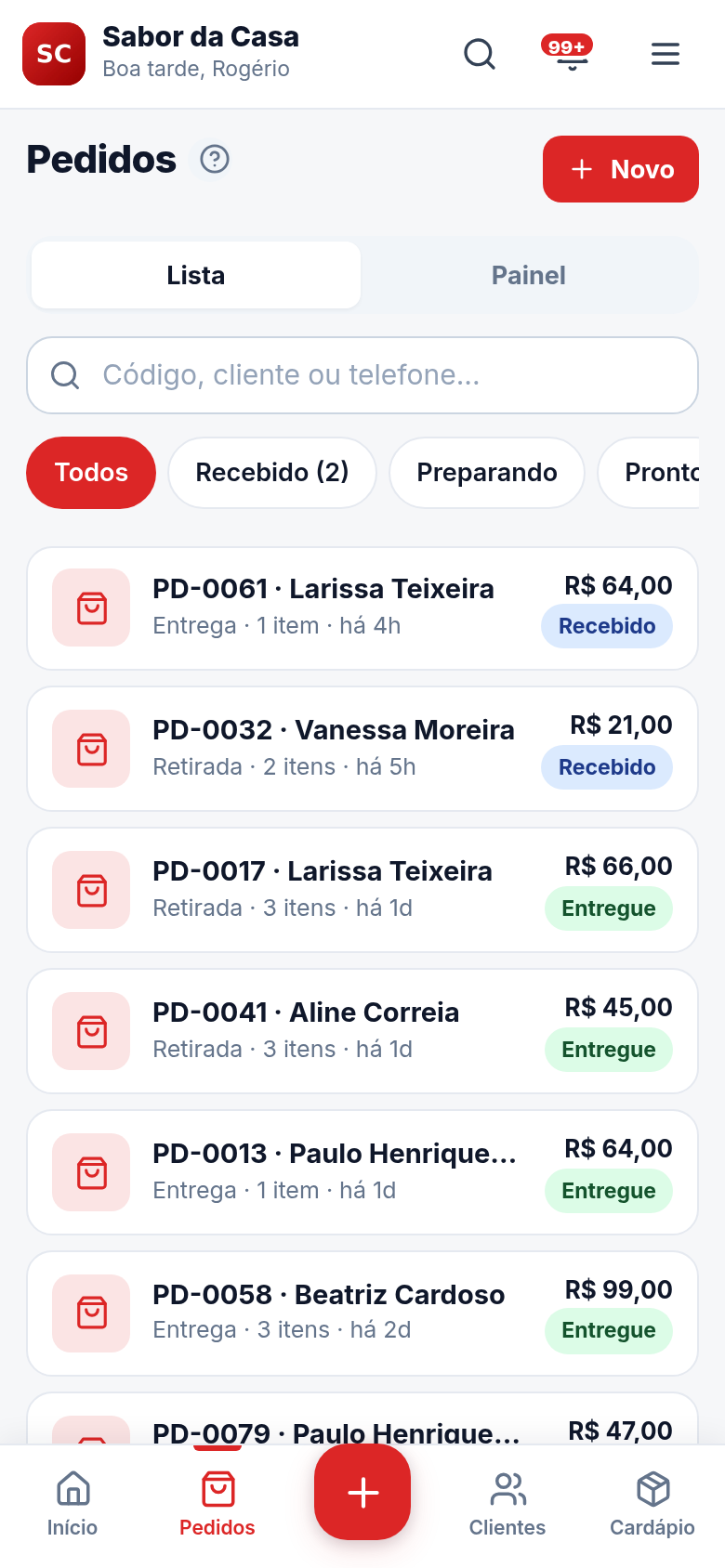 Os pedidos do dia
