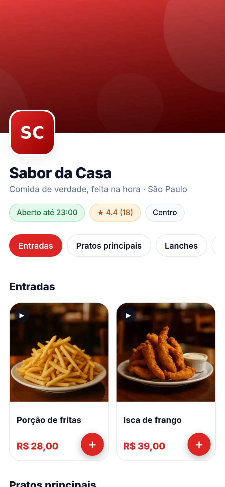 Página pública do negócio