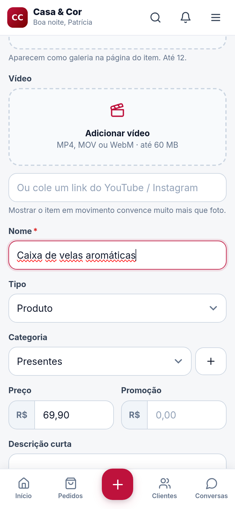 Preço, custo e estoque