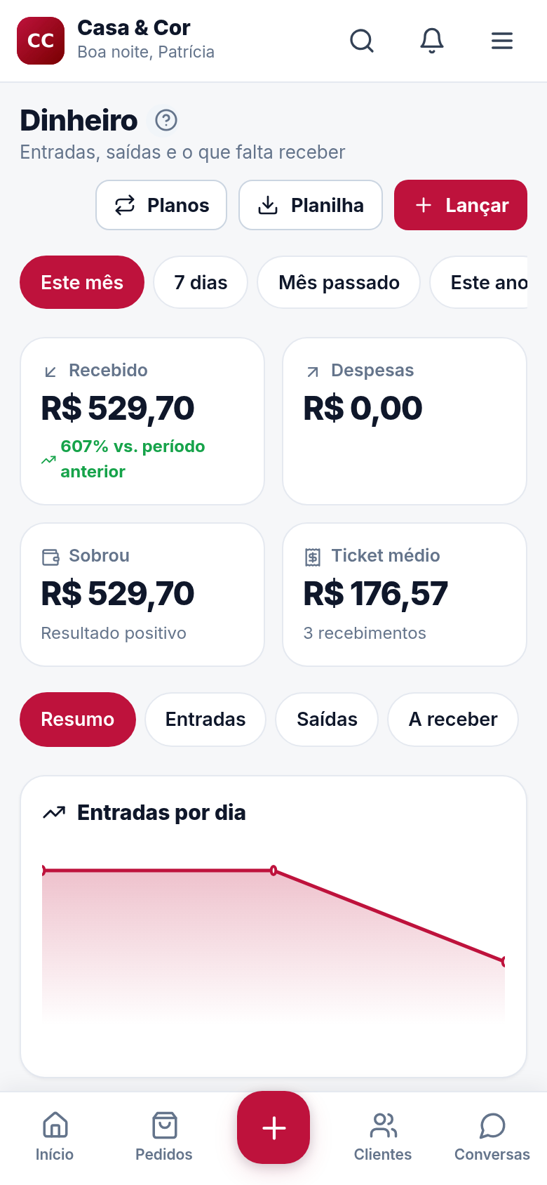 Quanto entrou hoje