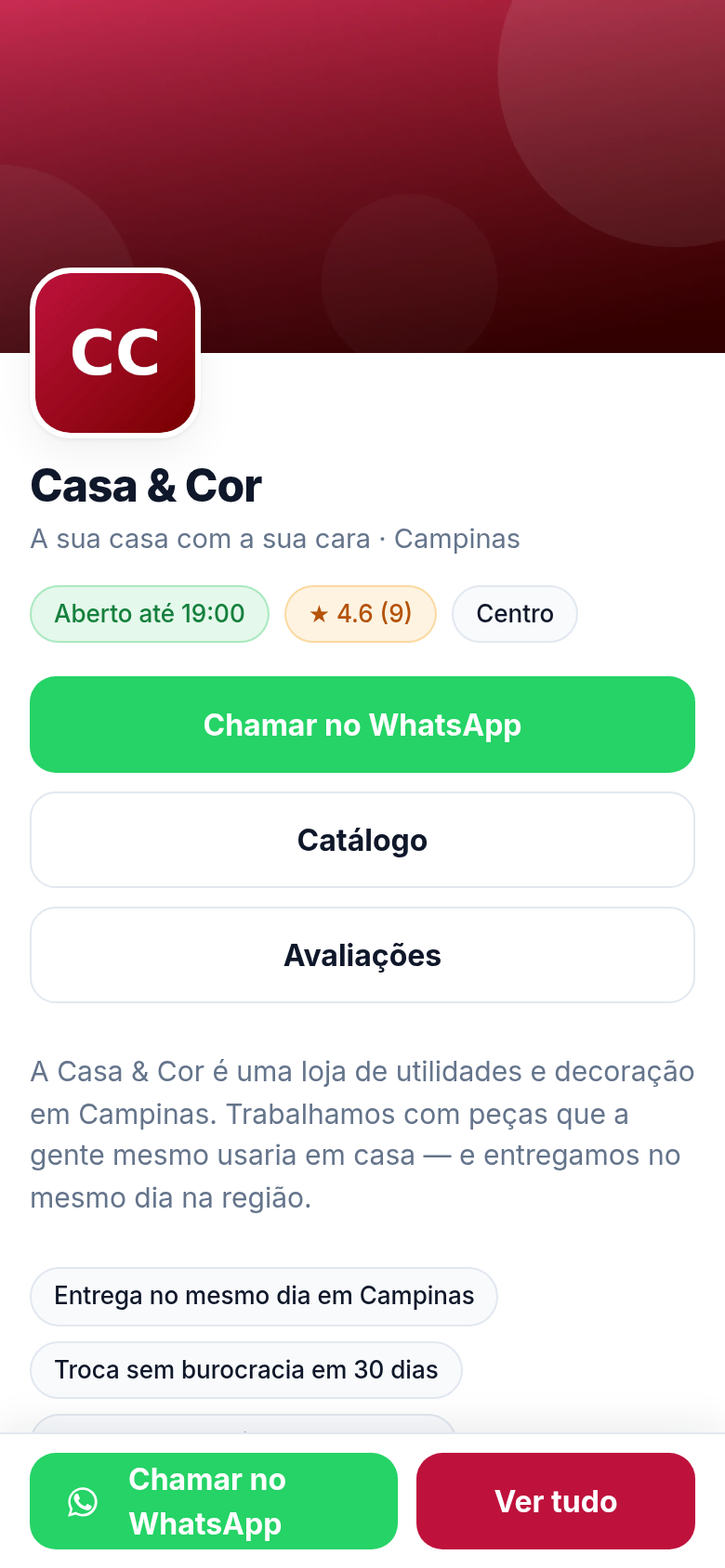 Página pública do negócio