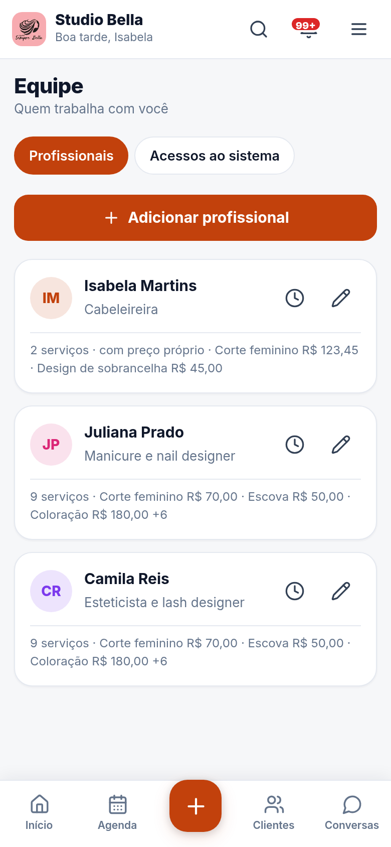 Equipe e preços